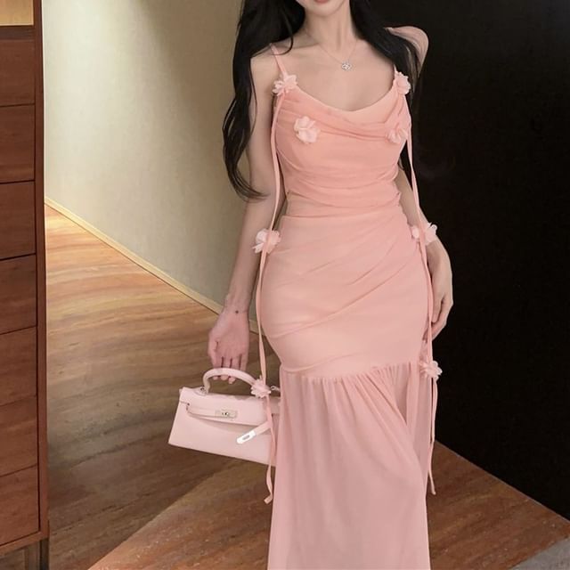 Mermaid Maxi Ruched Detail Dress Spaghetti Side-Slit Plain Strap Flower