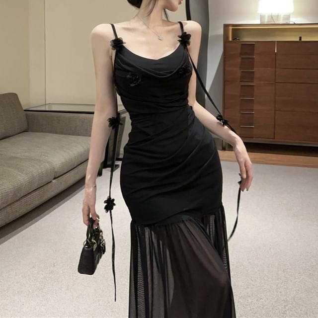 Mermaid Maxi Ruched Detail Dress Spaghetti Side-Slit Plain Strap Flower