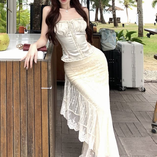 Camisole High Trim Drawstring Satin Fishtail Lace Top / Maxi Skirt Rise