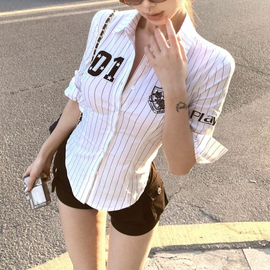 Button-Up Shirt Elbow-Sleeve Striped Numbering