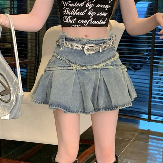 Trim Rise Mini Denim Washed A-Line Tassel Skirt Mid