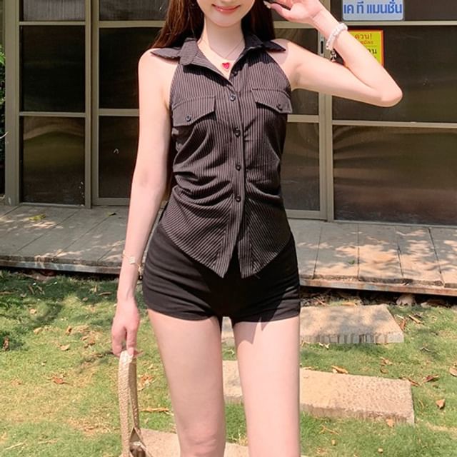 Button-Up Shirt Striped Halter-Neck Shirred