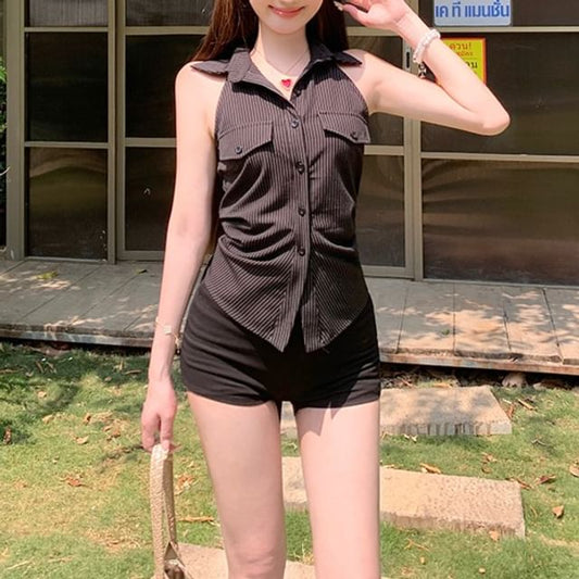 Button-Up Shirt Striped Halter-Neck Shirred