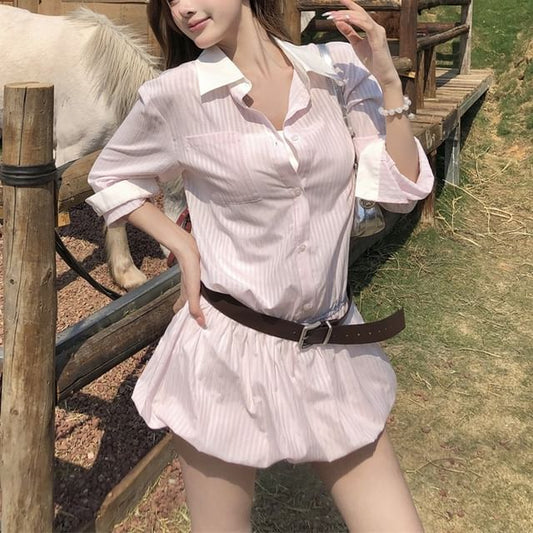 Shirtdress + Set: Belt Long-Sleeve Mini Striped Button-Up