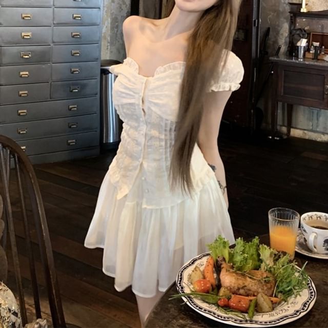 Blouse Shirred Ruffled Skirt Rise Plain A-Line Off-Shoulder Mini / High