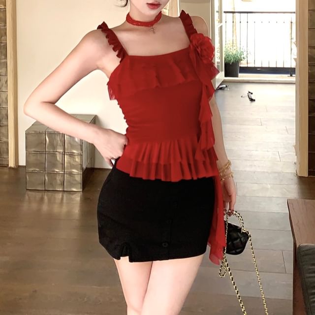 Ruffled Skirt Mini Top / High Floral Pencil Asymmetrical Cami Waist