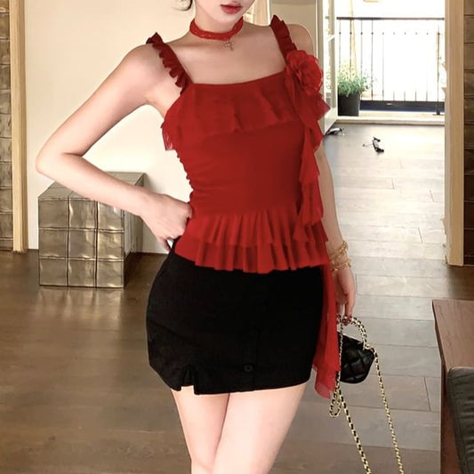 Ruffled Skirt Mini Top / High Floral Pencil Asymmetrical Cami Waist