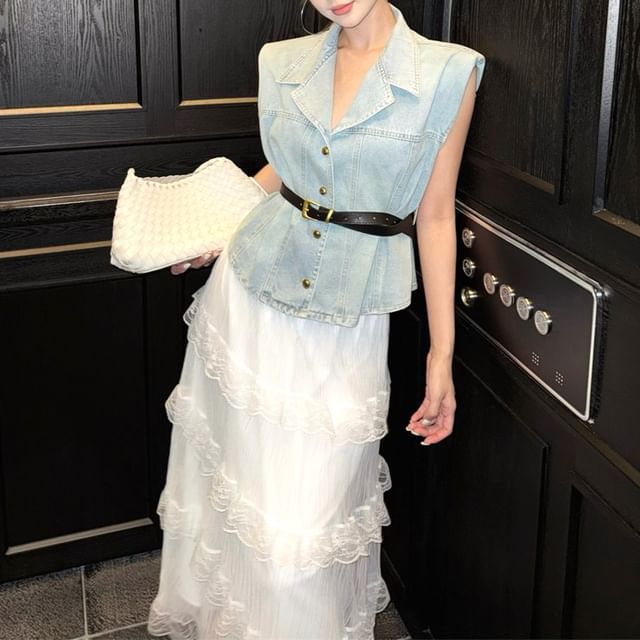 Rise Midi Lace Vest Washed / Button-Up A-Line Denim Skirt High Layered