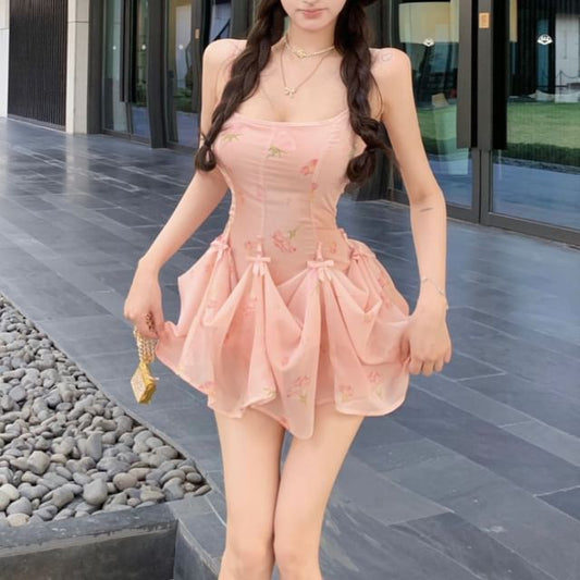 Shirred Strap A-Line Mini Floral Print Spaghetti Dress