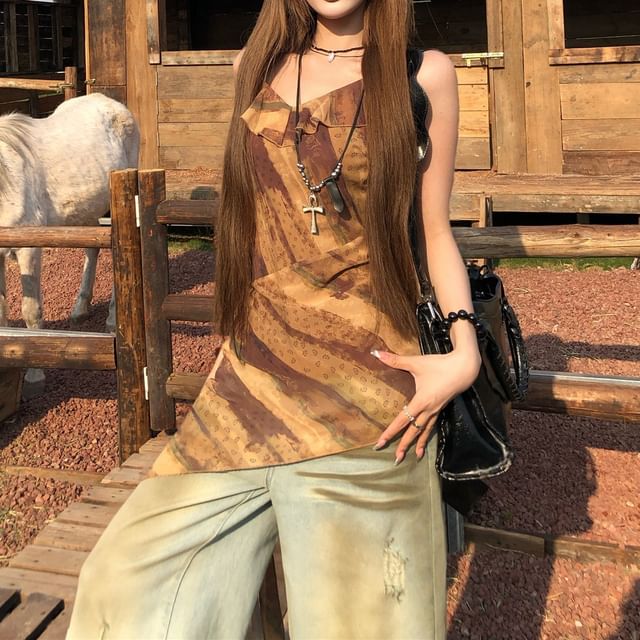 Top Asymmetrical Ruffled Printed Camisole