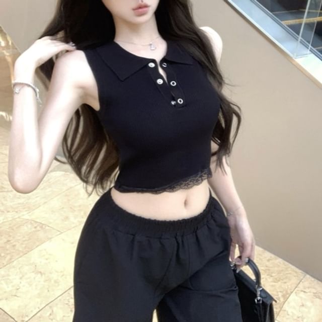 Lace Sleeveless Plain Top Trim Collared