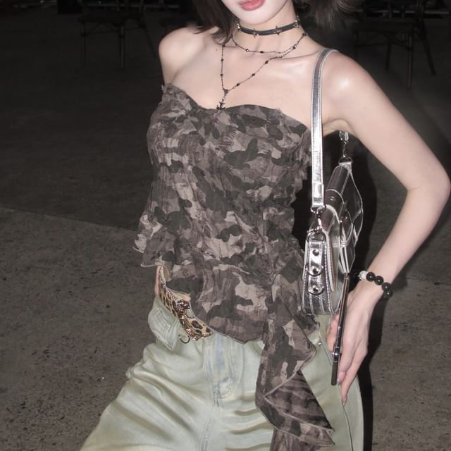 Asymmetrical Ruffled Top Print Tube Camo