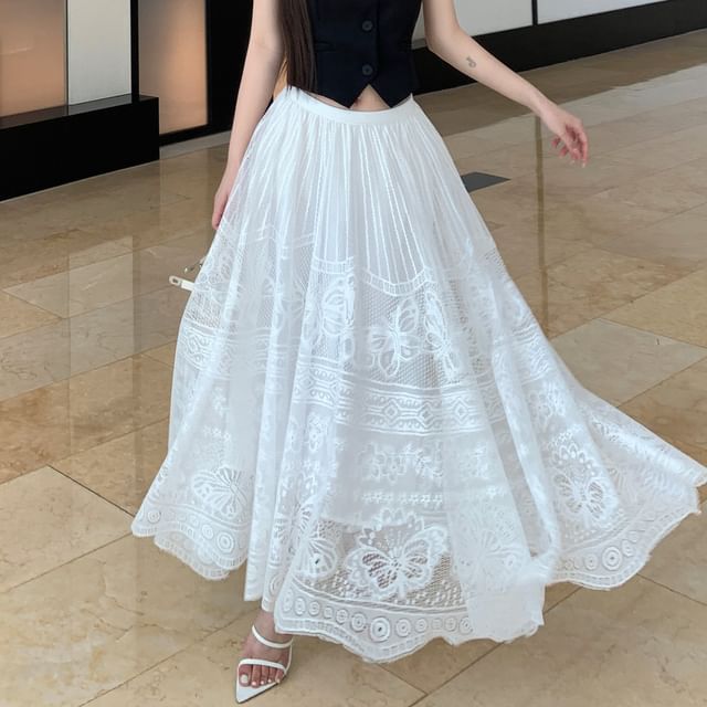 A-Line Lace Top Plain Waist Mid Button-Up Crop Skirt Midi / Halter-Neck