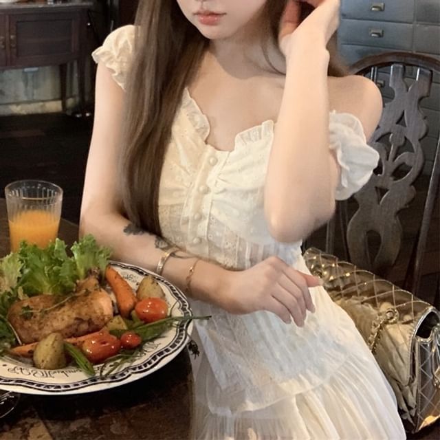 Blouse Shirred Ruffled Skirt Rise Plain A-Line Off-Shoulder Mini / High