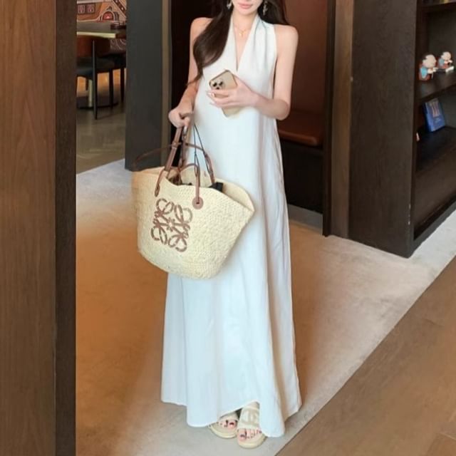 Midi Faux / Dress A-Line Halter-Neck Belt Plain Leather