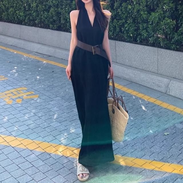 Midi Faux / Dress A-Line Halter-Neck Belt Plain Leather