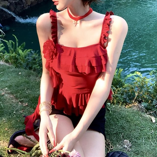 Ruffled Skirt Mini Top / High Floral Pencil Asymmetrical Cami Waist