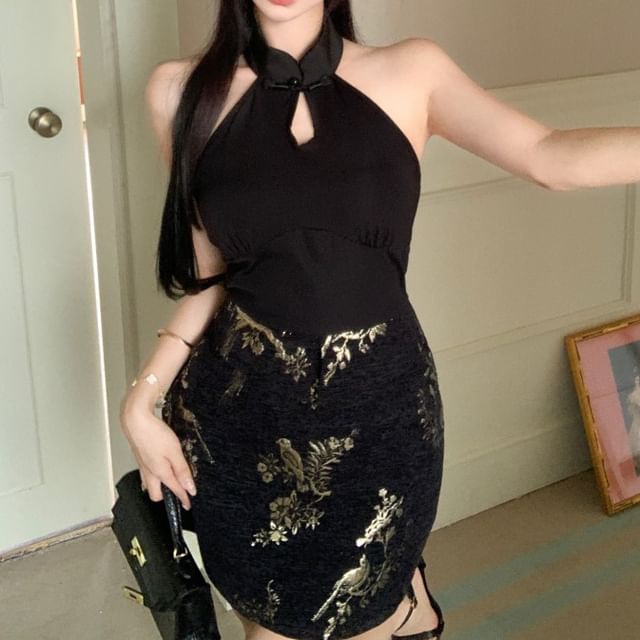 Mini Dress Jacquard Halter-Neck Bodycon Keyhole Floral