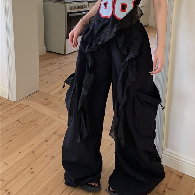 Waist Wide Pants Ruffled Numbering Leg Top Tube High /