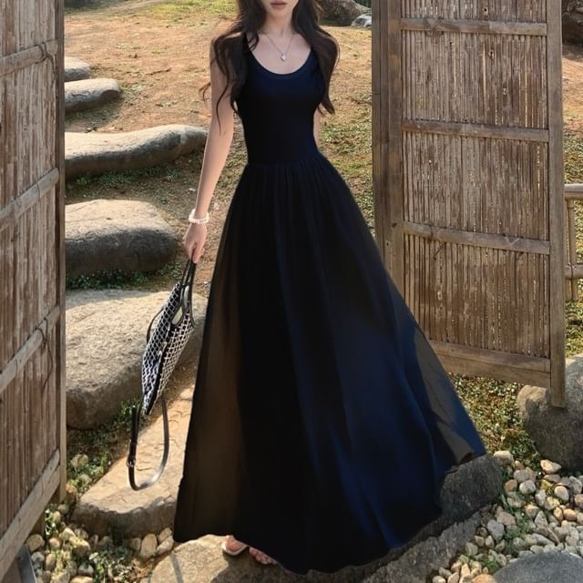 Dress Plain A-Line Strap Spaghetti Midi