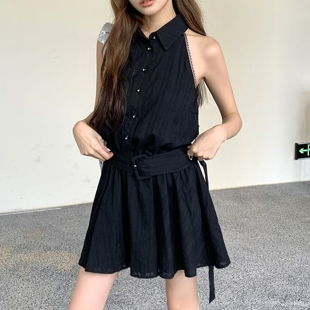 Belted Striped Dress Sleeveless Mini Collared A-Line