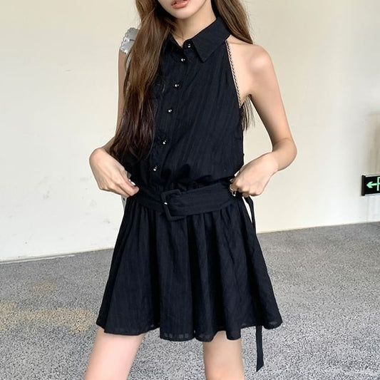 Sleeveless Belted Striped Collared Dress A-Line Mini