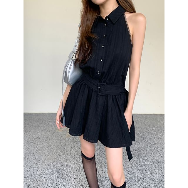 Sleeveless Belted Striped Collared Dress A-Line Mini