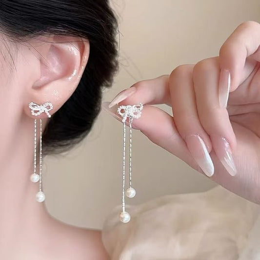 Pearl Earring Dangle Rhinestone Faux Bowknot