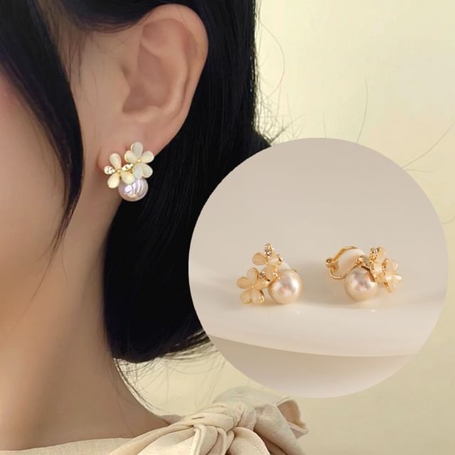 Faux Ear Stone Designs) Stud Cat Earring Eye Floral Pearl Alloy Cuff (Various /
