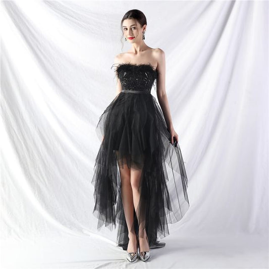 Strapless Trim Gown Feather Evening A-Line Midi Plain