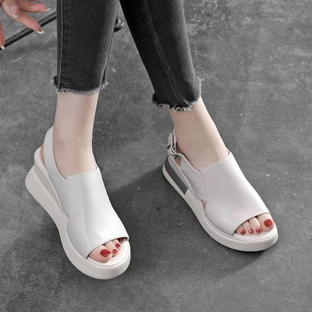 Leather Faux Sandals Slingback Plain Heel Wedge