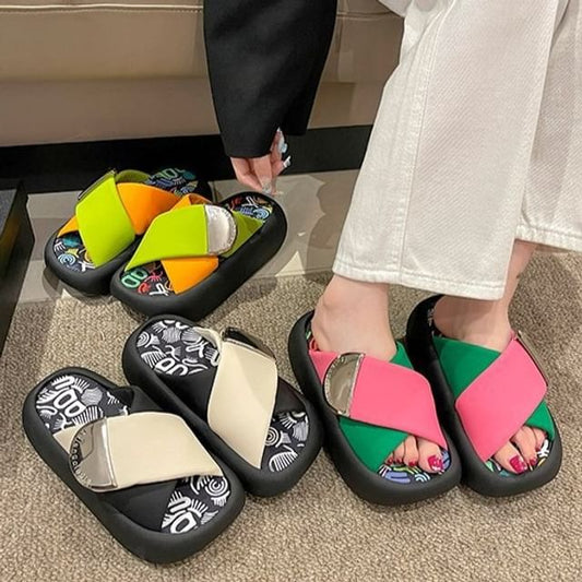 Platform Strap Cross Sandals Two Leather Faux Tone