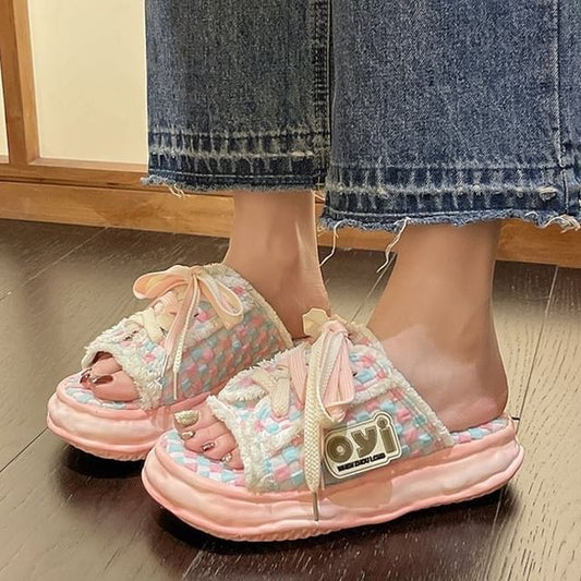 Checkerboard Lace-Up Sneakers Sandals Platform Frayed