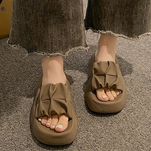 Plain Sandals Platform Leather Slide Faux Ruched