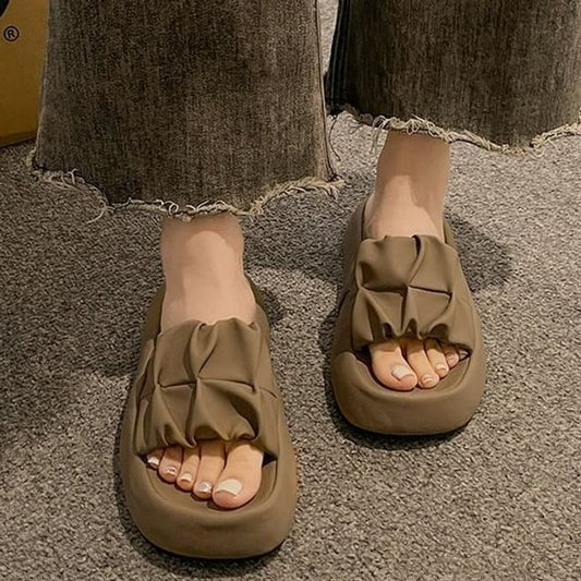 Plain Sandals Platform Leather Slide Faux Ruched