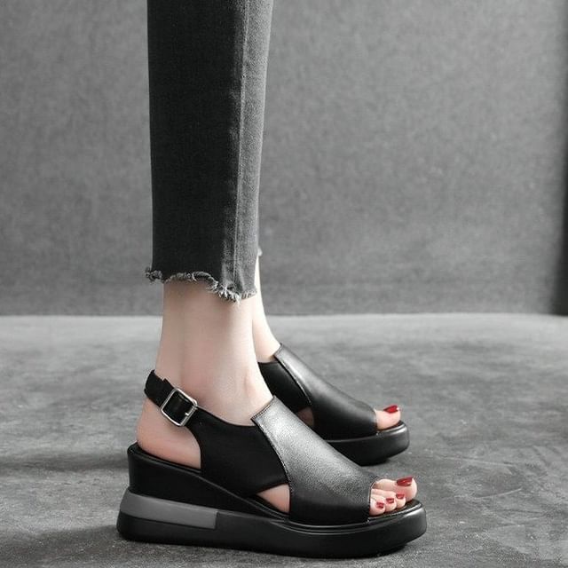 Leather Faux Sandals Slingback Plain Heel Wedge