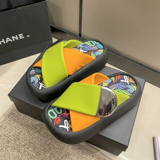 Platform Strap Cross Sandals Two Leather Faux Tone