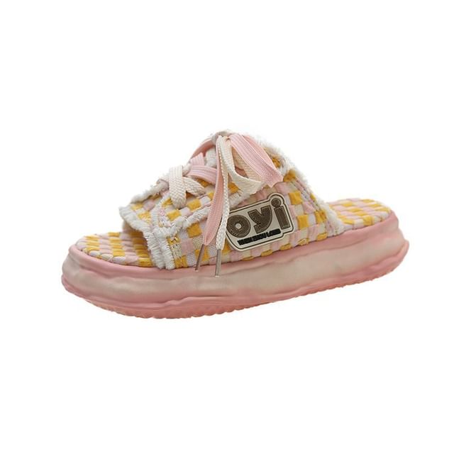 Checkerboard Lace-Up Sneakers Sandals Platform Frayed