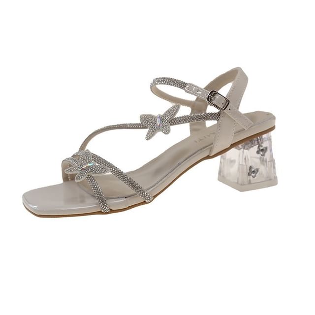 Ankle Sandals Toe Butterfly Strap Chunky Heel Square Rhinestone