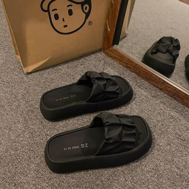 Plain Sandals Platform Leather Slide Faux Ruched