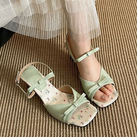 Print Sandals Toe Square Heel Low Floral