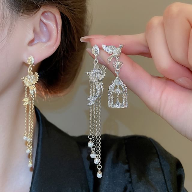 Bird Alloy Pearl Asymmetrical Dangle Faux Cage Earring