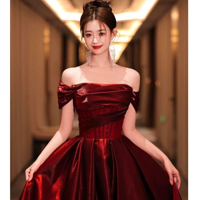 Evening Glitter Short-Sleeve Maternity Gown Ruched Off-Shoulder A-Line