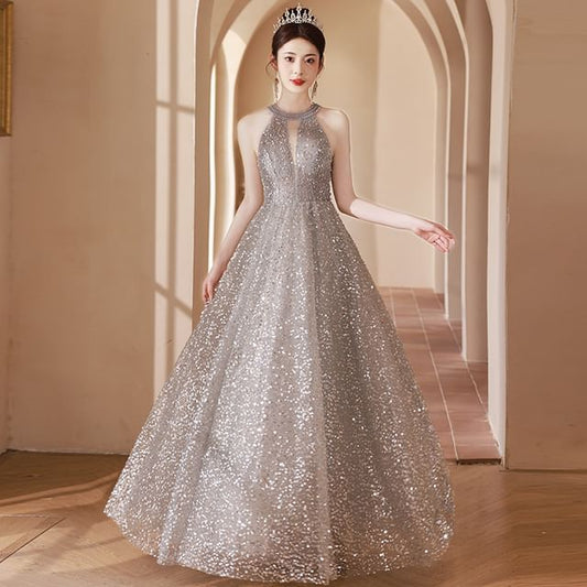 Sequin A-Line Cutout Neck Gown Evening Halter