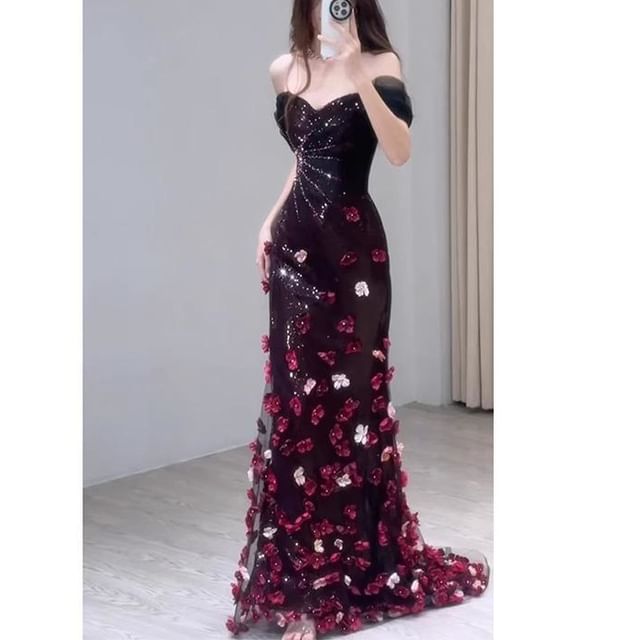 Evening Mermaid Off-Shoulder Short-Sleeve Floral Accent Sequin Gown