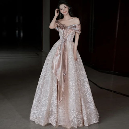 Evening Lace Short-Sleeve Accent Gown A-Line Floral Off-Shoulder