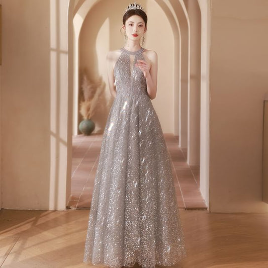 Halter Cutout A-Line Gown Sequin Evening Neck