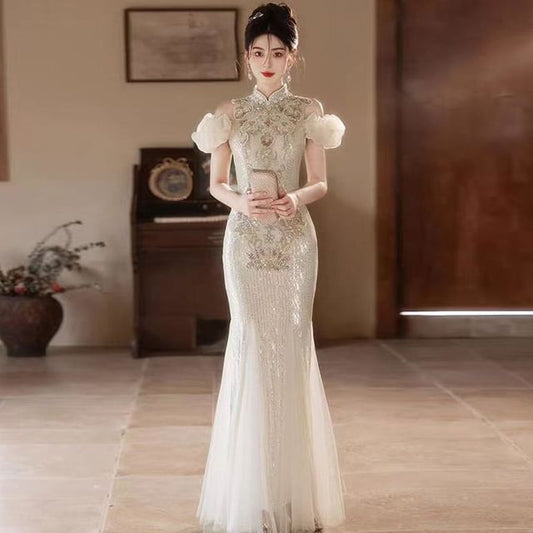 Gown Cold Embroidered Collar Floral Evening Sequin Mermaid Shoulder Stand