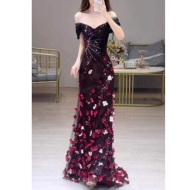 Evening Mermaid Off-Shoulder Short-Sleeve Floral Accent Sequin Gown