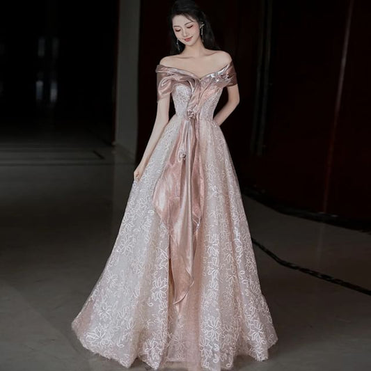 Accent Lace A-Line Off-Shoulder Floral Short-Sleeve Evening Gown